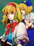  alice_margatroid alice_margatroid_(pc-98) asakura_noi blonde_hair blue_eyes blue_hairband book bow capelet dual_persona frills hair_bow hair_ribbon hairband lips multiple_girls ribbon shirt short_hair short_sleeves simple_background time_paradox touhou touhou_(pc-98) wavy_hair white_shirt 