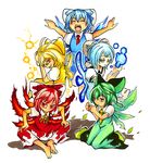  achi_cirno alternate_color alternate_element bad_id bad_pixiv_id barefoot blonde_hair blue_eyes blue_hair blue_wings bow cirno eevee electricity fang feet fiery_wings fire flareon gen_1_pokemon gen_4_pokemon green_hair green_wings hair_bow hapa_cirno ice ikazu_cirno jolteon leaf leafeon mizu_cirno multiple_girls multiple_persona okubyou_yuuki parody pokemon_(creature) red_eyes red_hair red_wings short_hair touhou vaporeon water wings yellow_wings 