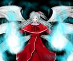  bad_id bad_pixiv_id capelet dress glowing hair_bobbles hair_ornament kiyonaka_rei long_hair magic outstretched_arms ribbon shinki side_ponytail silver_eyes silver_hair smile solo spread_arms touhou wings 
