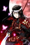  armor black_hair bug butterfly covered_navel full_moon gloves headband insect japanese_armor kusazuri long_hair moon naginata parted_lips polearm real_life real_life_insert red_eyes red_moon shoulder_armor sode solo sumomo_kpa tomoe_gozen weapon 