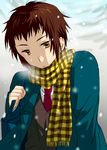  bad_id bad_pixiv_id brown_eyes brown_hair kairi_(mglg) kita_high_school_uniform kyon male_focus scarf school_uniform snow solo suzumiya_haruhi_no_yuuutsu 