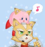  animal animal_ears animal_on_head artist_request copy_ability fox_ears fox_mccloud furry gloves green_eyes headset kirby kirby_(series) musical_note no_humans on_head scarf smile star star_fox super_smash_bros. 