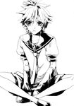  greyscale hakuseki headphones headset highres kagamine_len male_focus monochrome necktie shorts simple_background sitting solo vocaloid 