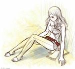  bare_shoulders belt blush body_blush cocura eyes_closed feet final_fantasy final_fantasy_ii maria_(ff2) monochrome pantyhose sitting sketch toeless_legwear toeless_pantyhose 