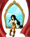  1girl bird black_hair boots brown_eyes catsuit choker female final_fantasy final_fantasy_ix garnet_til_alexandros_xvii hanimitsu indoors long_hair outdoors singing sky solo very_long_hair window 