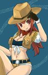  blush breasts cleavage cute final_fantasy final_fantasy_crystal_chronicles hat long_hair midriff red_eyes red_hair redhead selkie western 