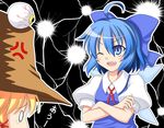  ahoge anger_vein angry blonde_hair blue_eyes blue_hair bluepony blush_stickers bow cirno crossed_arms eyes fang hair_bow hair_ribbon hat moriya_suwako multiple_girls one_eye_closed pyonta ribbon tears touhou wings 