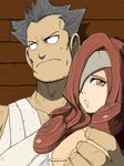  adelbert_steiner bandage bandages beatrix breasts brown_eyes brown_hair cleavage couple eyepatch final_fantasy final_fantasy_ix grey_hair long_hair short_hair 