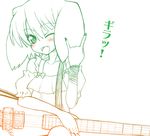  ;d \n/ animal_ears bare_shoulders blush fang gradient green guitar instrument macross macross_frontier maririn monochrome one_eye_closed open_mouth orange_(color) ranka_lee smile solo spot_color 