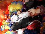  1girl blue_hair closed_eyes couple hetero holding hug multicolored_hair nia_teppelin simon taira_momen tengen_toppa_gurren_lagann two-tone_hair upside-down 