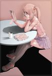  bad_id bad_pixiv_id book breast_rest breasts cleavage crossed_legs cup glasses hair_bobbles hair_ornament large_breasts legs lips long_hair original pink_eyes pink_hair reading sitting skirt solo sukabu table tank_top tears thighhighs twintails zettai_ryouiki 