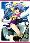  absurdres bandaid bandaid_on_face bandaid_on_knee bike_shorts blue_hair blush bow cameltoe copyright_request eyebrows fang hair_ribbon highres long_hair open_mouth red_eyes ribbon skateboard skirt solo thick_eyebrows tsurugi_hagane upskirt yellow_bow 