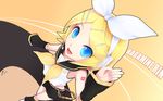  blonde_hair blue_eyes cait detached_sleeves foreshortening from_above hair_ornament hairpin hands headset kagamine_rin shorts solo vocaloid 