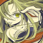  1girl barbariccia bare_shoulders blonde_hair breasts cleavage collarbone final_fantasy final_fantasy_iv hair_over_one_eye hitori_basanda long_hair lowres parted_lips smile solo upper_body yellow_eyes 
