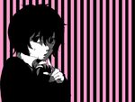 bad_id bad_pixiv_id copyright_request hands monochrome necktie pink_background pointing short_hair solo striped striped_background sweatdrop takumi_(wichiha) 
