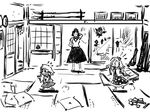  &gt;_&lt; 4girls biwa_lute child closed_eyes crying cushion door dress flying_sweatdrops flying_teardrops frog_hair_ornament full_body gensoukoumuten gohei greyscale hair_ornament indoors instrument kochiya_sanae lute_(instrument) monochrome moriya_suwako multiple_girls naginata pillow polearm rope running shameimaru_aya shimenawa sliding_doors snake_hair_ornament standing tatami touhou weapon yasaka_kanako 