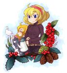  ahoge alice_margatroid alternate_costume bad_id bad_pixiv_id bangs belt berries blonde_hair blue_eyes blush braid buckle casual coffee contemporary cup denim hairband holly jeans kirisame_marisa multiple_girls myama outdoors pants pinecone ribbed_sweater short_hair sideways_mouth sky smile standing steam sweater teapot tired touhou turtleneck white_background yellow_eyes 