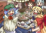  blonde_hair chibi food hakurei_reimu highres hijirisu_(spity) ibuki_suika inubashiri_momiji kawashiro_nitori kirisame_marisa konpaku_youmu kotatsu multiple_girls nabe table touhou two_side_up 