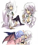  adjusting_hair annoyed bat_wings black_legwear blush bra braid breasts cleavage eye_contact heart izayoi_sakuya legs lingerie looking_at_another looking_down medium_breasts multiple_girls open_clothes open_mouth open_shirt purple_hair red_eyes remilia_scarlet ribbon shinoasa shirt short_hair silver_hair sweatdrop thighhighs touhou translated twin_braids underwear undressing white_shirt wings yuri 