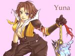  1girl belt blue_eyes breasts brown_hair cleavage female final_fantasy final_fantasy_x gloves green_eyes heterochromia jewelry necklace pants ranis short_hair simple_background solo sword tidus tidus_(cosplay) weapon yuna 