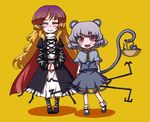  :d animal bad_id bad_pixiv_id basket brooch cape capelet cross-laced_clothes dress gem hijiri_byakuren holding jewelry kumadano long_sleeves looking_at_viewer mouse multiple_girls nazrin open_mouth red_eyes simple_background smile touhou white_dress yellow_background 