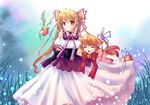  animal_ears bell bird blonde_hair brown_hair cat_ears cat_paws closed_eyes copyright_request corset elbow_gloves gloves grandia_bing hair_ribbon multiple_girls paws ribbon twintails 