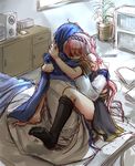  1girl bad_id bad_pixiv_id bed blue_hair blue_scarf comforting couple hand_on_head headphones hetero hug kaito long_hair megurine_luka mizunoto+ pink_hair scarf sex sketch socks straddling tears upright_straddle very_long_hair vocaloid 