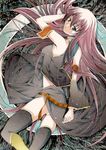  bad_id bad_pixiv_id blue_eyes detached_sleeves long_hair looking_back lying megurine_luka moonsorrow pink_hair solo thighhighs traditional_media vocaloid 