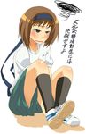  bad_id bad_pixiv_id black_eyes black_legwear brown_hair gym_uniform headband kamigaki_megumi saki short_hair shorts sitting socks solo translation_request tsuchinoko_(muni_muni) 