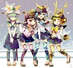  armor arrow eyepatch food hair_over_eyes helmet ice_cream japanese_armor kabuto multiple_girls onegai!_ranking onegai_blue onegai_green onegai_pink onegai_yellow sailor sandals skirt sword thighhighs toeless_legwear tomone weapon 