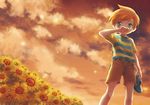  belt buckle child claus cloud dusk dutch_angle field flower flower_field green_eyes ichiyo_(ichiyon) male_focus mother_(game) mother_3 orange_hair shirt shoes shorts solo striped striped_shirt sunflower tears 