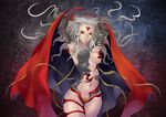 1girl aka_(shoumae) arms_up bare_shoulders breasts cape cleavage cloud_of_darkness dissidia_final_fantasy elbow_gloves female final_fantasy final_fantasy_iii gloves grey_hair long_hair midriff navel pasties red_eyes solo 
