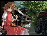  animal_ears bad_id bad_pixiv_id bell brown_eyes brown_hair building cat_ears cat_tail chen eating food mouth_hold nejime scenery short_hair sitting solo tail takoyaki touhou wristband 