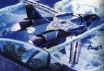  aircraft airplane cloud cockpit fighter_jet helmet highres jet kudou_shin macross macross_zero mecha military military_vehicle multiple_boys roy_focker skull_and_crossbones skull_squadron sky tenjin_hidetaka variable_fighter vf-0 vf-0d vf-0s 