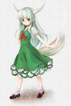  bangs blunt_bangs bow breasts dress ex-keine green_hair horns kamishirasawa_keine long_hair medium_breasts outstretched_arm red_eyes shoes socks solo tail tona_(nekotte) touhou 