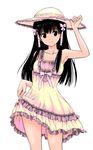 1girl adjusting_hat armpit armpits artist_request bare_shoulders black_eyes black_hair bow character_request dress dress_lift female frills hair_bow hair_ornament hat highres long_hair murasame_oshizu ribbon simple_background smile solo summer_dress sun_hat sundress to_love-ru toloveru white_background 