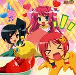  &gt;_&lt; black_hair blush_stickers chibi chouhi closed_eyes fang food heart highres kan'u katagiri_hinata koihime_musou long_hair multiple_girls musical_note official_art pink_hair red_hair ryuubi short_hair side_ponytail 