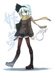  akanagi_youto alternate_costume bag black_hairband blue_eyes boots bow cellphone character_name contemporary flower hair_bow hair_ribbon hairband handbag jacket knee_boots konpaku_youmu konpaku_youmu_(ghost) pantyhose phone ribbon scarf short_hair shorts silver_hair solo touhou 