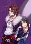  1boy 1girl angry bare_shoulders belt black_eyes black_hair black_jacket black_wolf_(artist) blue_eyes brown_hair couple detached_sleeves female final_fantasy final_fantasy_viii frown fur_collar highlights jacket jewelry long_hair lowres male multicolored_hair multiple_belts necklace rinoa_heartilly scar shirt short_hair smile squall_leonhart white_shirt 