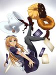  alice_(wonderland) alice_in_wonderland angel_french blonde_hair blue_eyes bow card cup doughnut dress falling falling_card floating_card food french_cruller hair_bow hands legs long_hair munakata_(hisahige) old-fashioned_doughnut original pantyhose skirt solo 