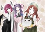  bad_id bad_pixiv_id bat_wings book braid cake candle crescent dress food hair_ribbon hat head_wings hong_meiling koakuma matsukaze multiple_girls pastry patchouli_knowledge purple_hair red_hair ribbon smile star touhou twin_braids wings 