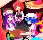  3girls :&lt; :d bangs blue_hair blunt_bangs closed_eyes cocktail demon_tail flandre_scarlet head_wings hong_meiling izayoi_sakuya koakuma long_hair multiple_girls open_mouth patchouli_knowledge purple_hair red_hair remilia_scarlet short_hair smile sw table tail touhou 