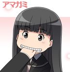  amagami ayatsuji_tsukasa bad_id bad_pixiv_id biting black_eyes black_hair bow celebi_ryousangata chibi grin kibito_high_school_uniform long_hair long_sleeves no_nose pun school_uniform smile teeth translated 