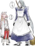  animal_ears black_panties blazblue broom capri_pants cat_ears cat_tail haiero hakumen height_difference kokonoe long_hair maid mask midriff multiple_tails navel panties pants pink_hair ponytail tail translated underwear white_hair 