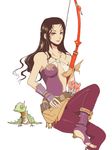  1girl animal arrow bare_shoulders belt black_eyes black_hair boots bow_(weapon) breasts female final_fantasy final_fantasy_ii lizard long_hair maria_(ff2) pantyhose quiver sitting solo weapon white_background 