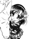  1girl child gotou_junji katsura_kotonoha male_hand monochrome plaid school_days simple_background tartan young younger 