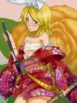  blonde_hair blue_eyes blush chiri_(piapro) flat_chest flower hair_ribbon japanese_clothes kagamine_rin katana kimono red_kimono ribbon rose sarashi short_hair solo sword vocaloid weapon yukata 