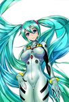  aqua_hair blue_eyes breasts hands hatsune_miku highres large_breasts long_hair neon_genesis_evangelion okuma_yuugo parody plugsuit simple_background smile solo thigh_gap twintails very_long_hair vocaloid 