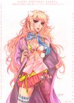  belt blonde_hair blue_eyes breasts cleavage coat garters long_hair macross macross_frontier medium_breasts open_clothes open_shirt scarf sheryl_nome shirt skirt solo star tida_kietsungden unbuttoned 