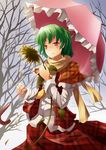  ascot bare_tree flower frown green_hair highres holding holding_flower kazami_yuuka mikan_(bananoha) parasol petals plaid plaid_skirt plaid_vest red_eyes scarf short_hair skirt skirt_set slit_pupils solo sunflower touhou tree umbrella unmoving_pattern vest 